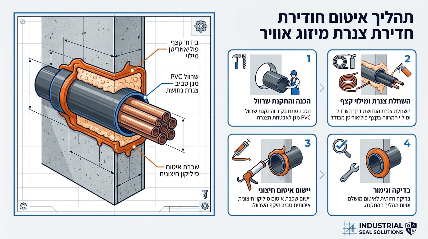 איטום ושחזור מעטפת המבנה לאחר קידוח מזגן בקיר מבודד — שלבים חיוניים לאיטום מקצועי
