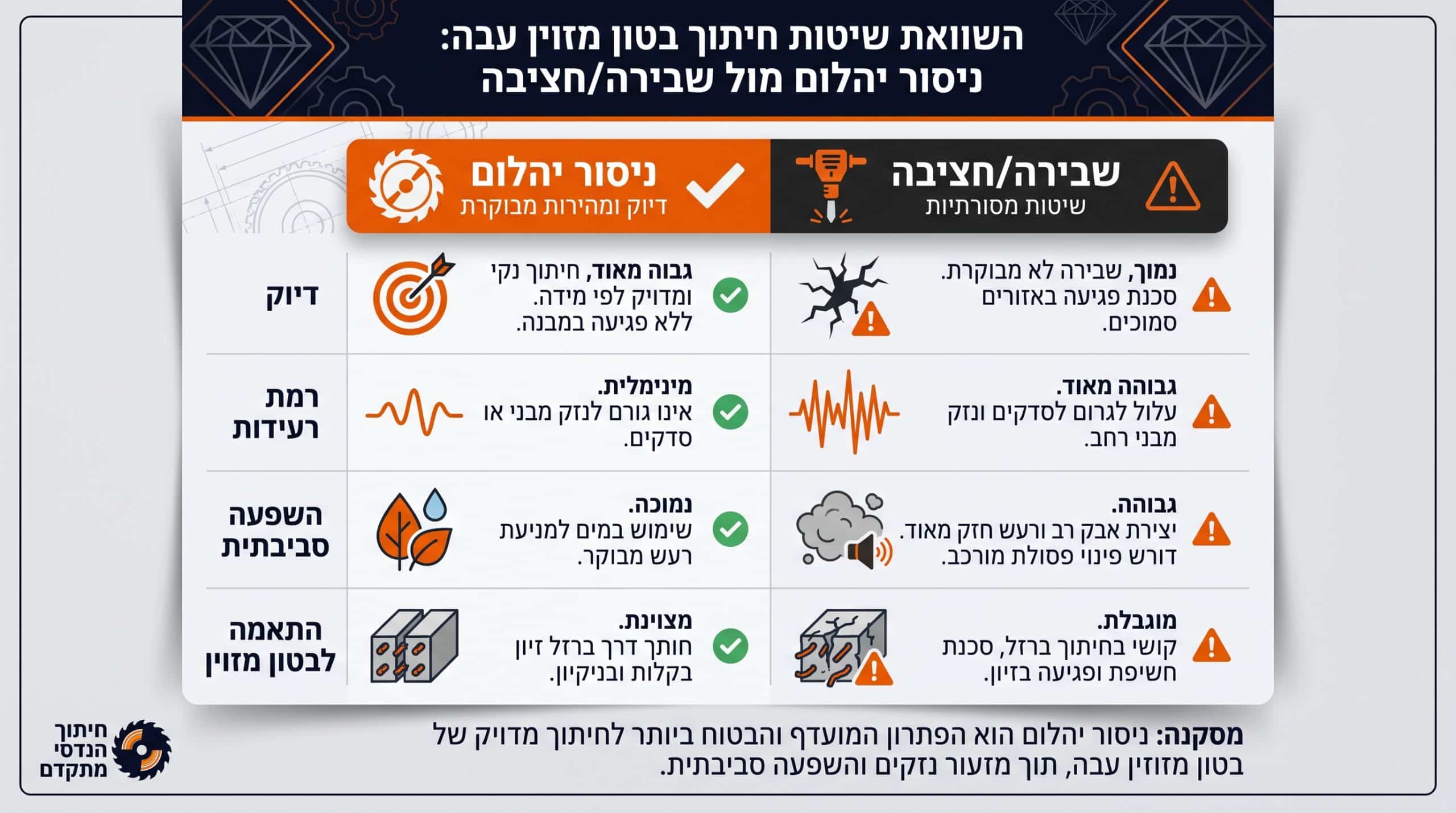 השוואה בין ניסור יהלום לשבירה וחציבה בבטון מזוין